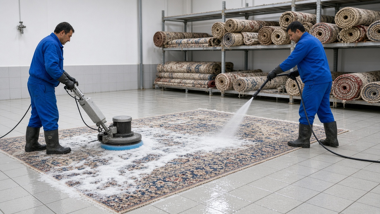 Köpük Halı Yıkama yıkamahanesinde halı yıkanırken